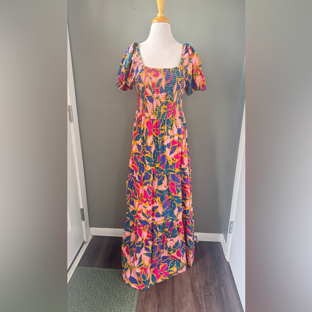 DownEast Multicolor Floral Smocked Maxi Dress in Pink & Blue